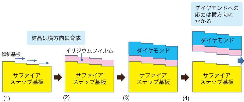 ステップフロー成長:結晶は横方向に育成、ダイヤモンドへの応力は横方向にかかる(傾斜基板、Sapphire step substrate, Ir buffer, Diamond)
